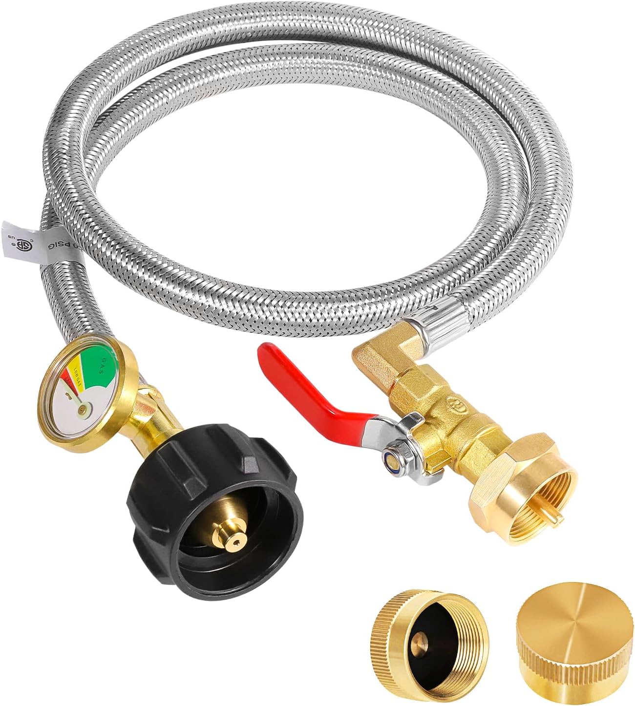 Detoypapa Propane Refill Adapter Hose connected to a propane tank