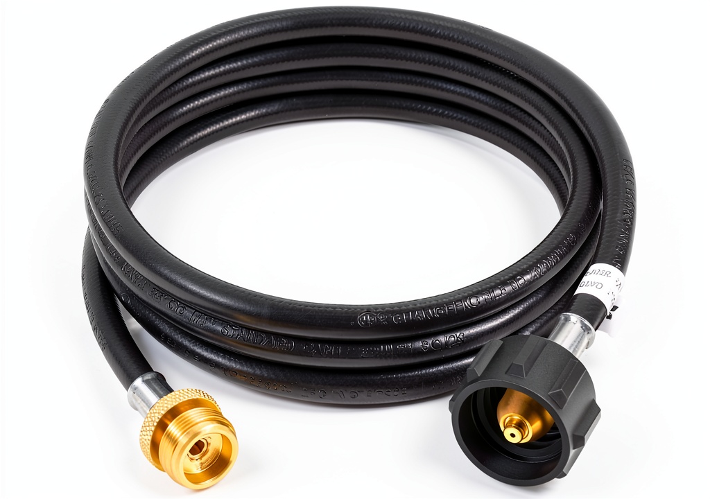 GasSaf propane adapter hose connected to a grill and propane tank